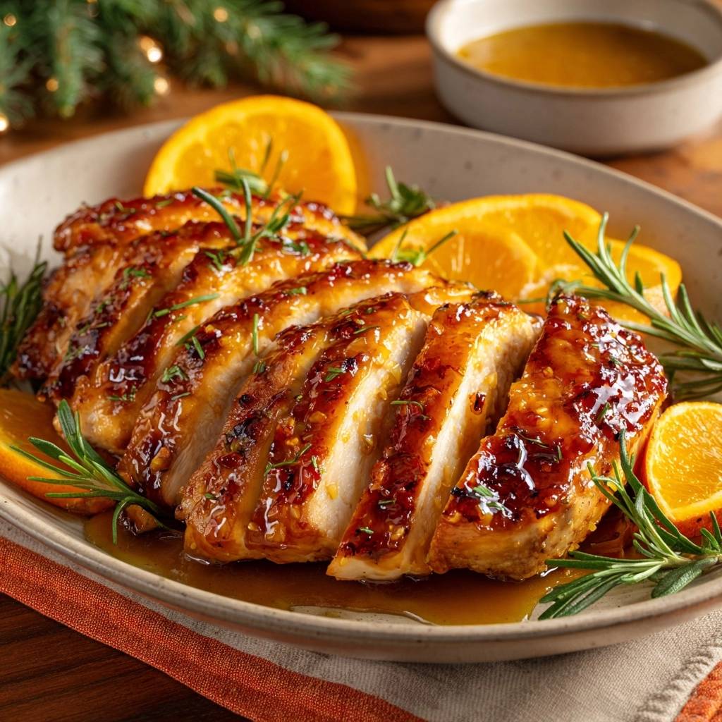 Orange rosemary glazed chicken sliced and glistening with a close-up view of the savory glaze and herbs.
