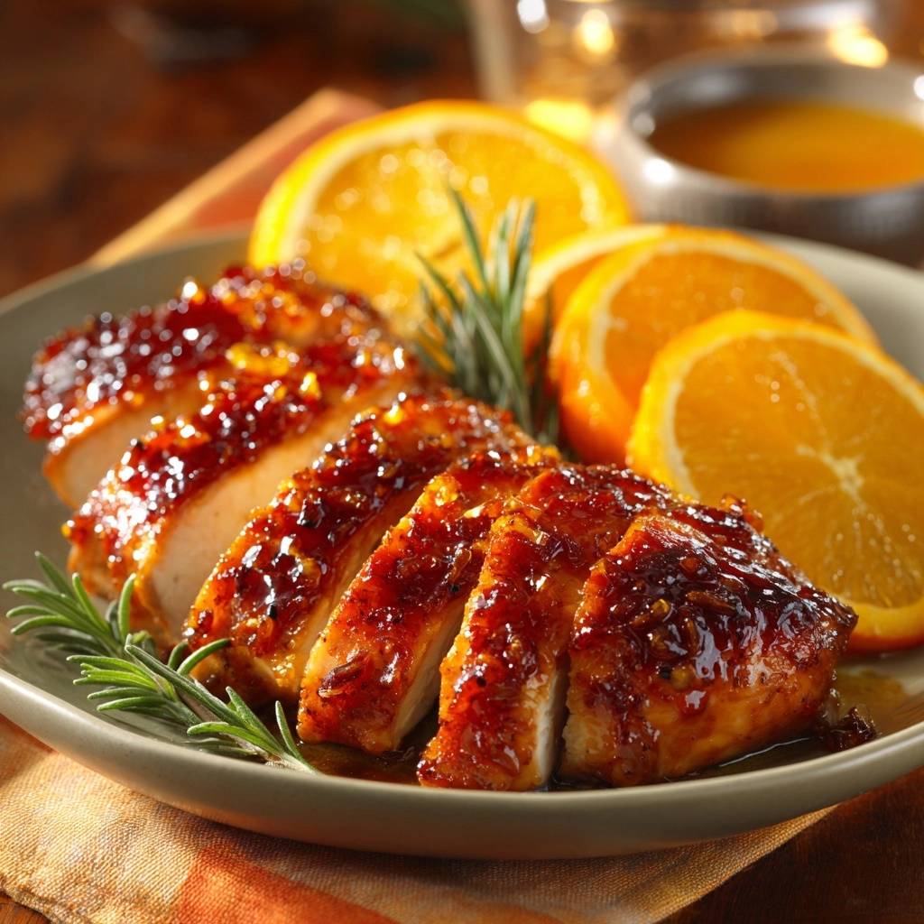Orange rosemary glazed chicken sliced and presented with orange slices and rosemary sprigs on a plate.