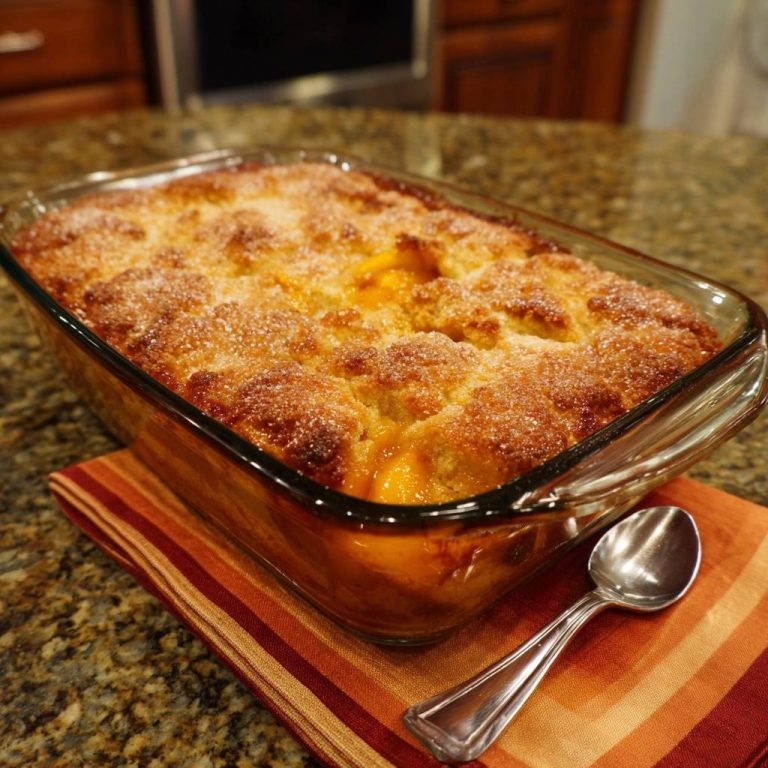 Peach cobbler with a beautiful golden-brown sugar topping in a glass baking dish.