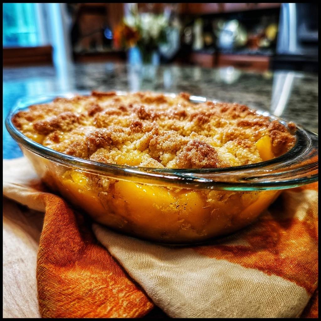 Peach cobbler with a golden brown crumble topping in a glass baking dish, showing the texture of the baked fruit and topping.