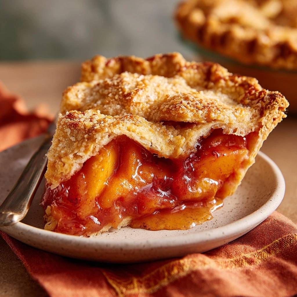 Peach cranberry pie with a never-runny filling shown in a close-up cross-section on a plate.