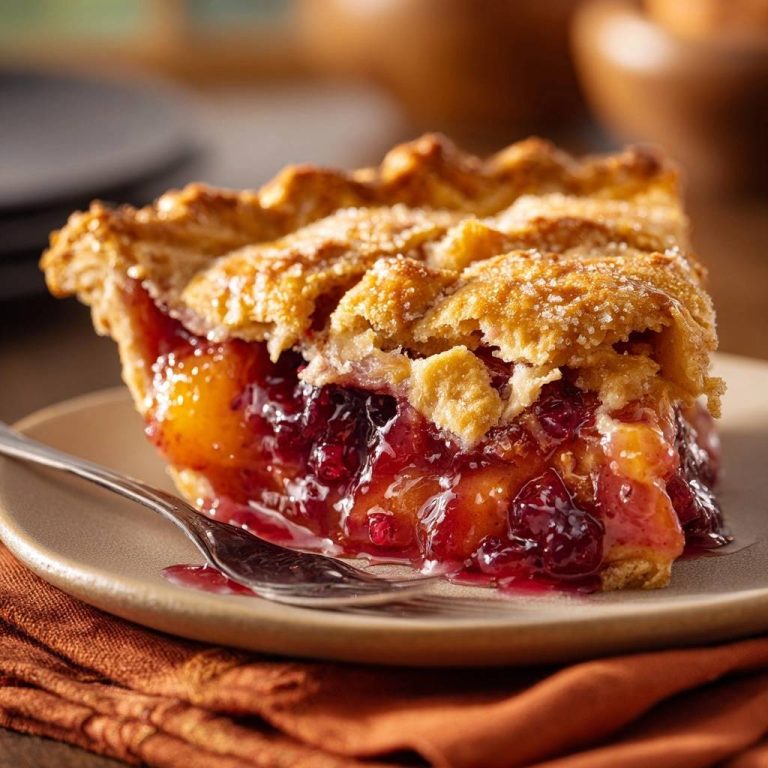 Peach cranberry pie slice cross-section showing the flaky crust and juicy fruit filling.