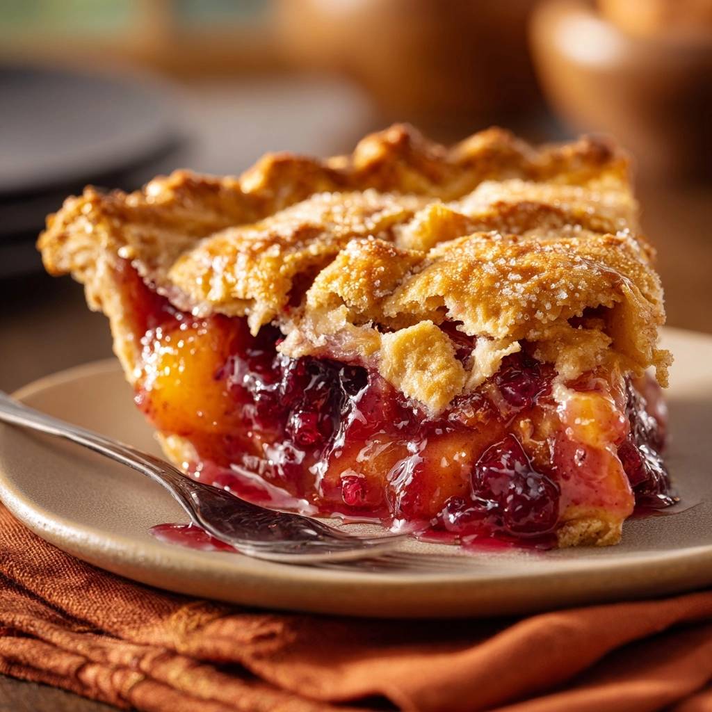 Peach cranberry pie slice cross-section showing the flaky crust and juicy fruit filling.