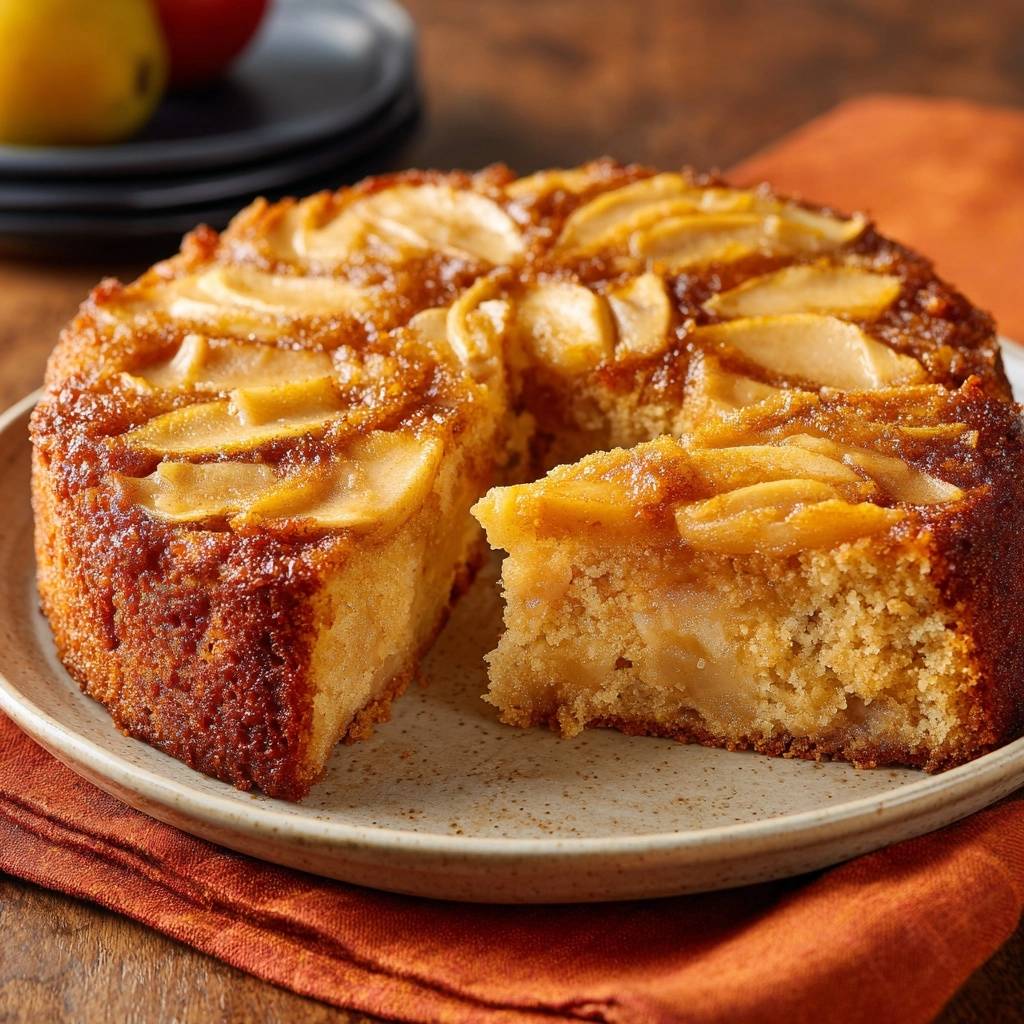 Peach upside-down cake with foolproof caramel release, showing a slice revealing its tender interior.