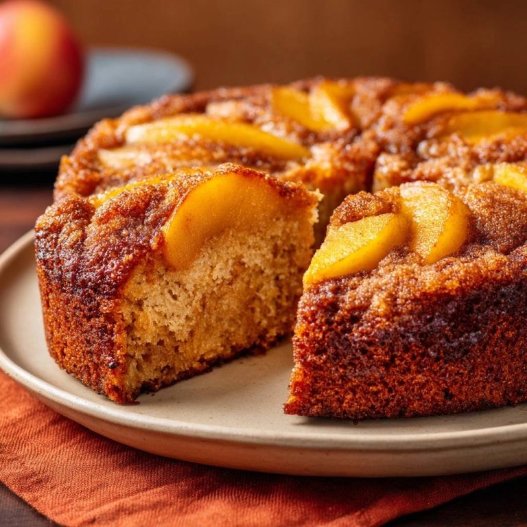 Peach upside-down cake with foolproof caramel release, shown with a slice cut to reveal the moist interior texture.