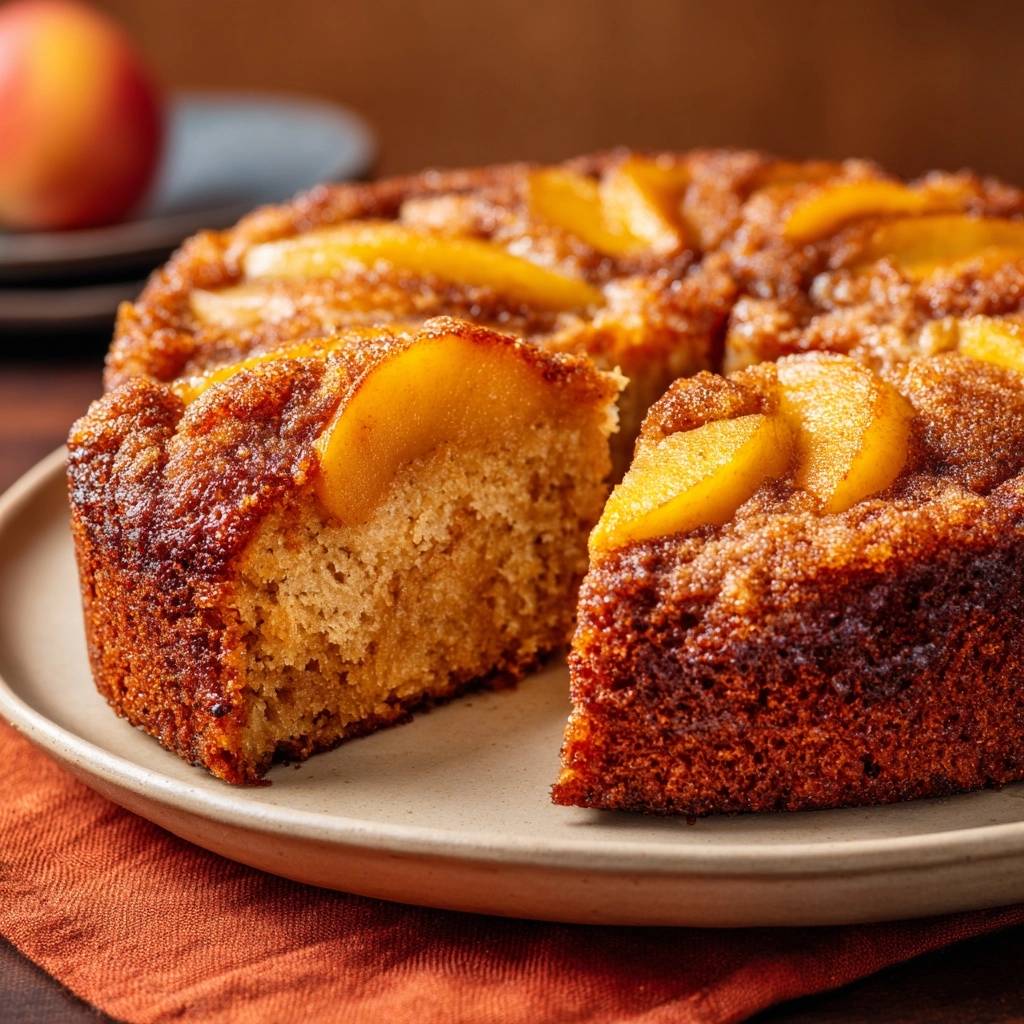 Peach upside-down cake with foolproof caramel release, shown with a slice cut to reveal the moist interior texture.