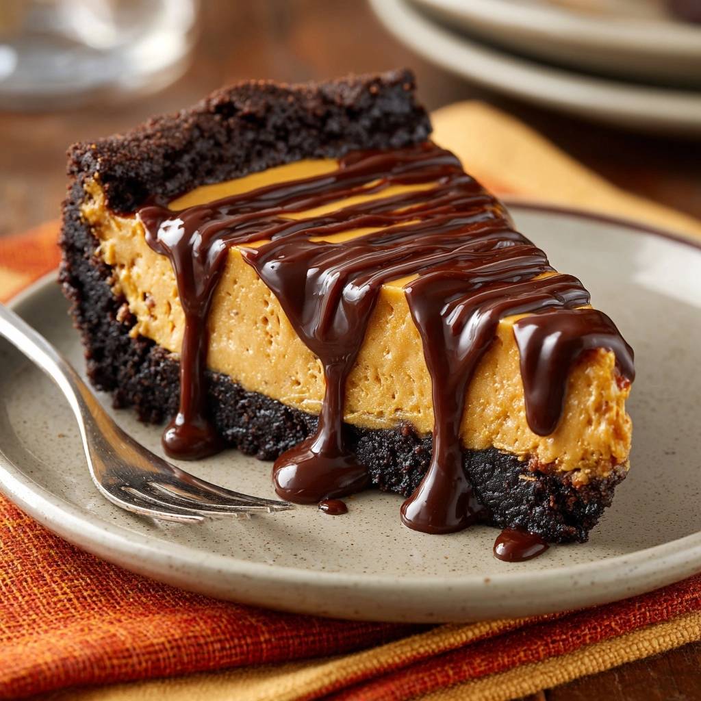 Peanut Butter Caramel Chocolate Cheesecake served as a single slice drizzled with rich chocolate sauce on a plate.