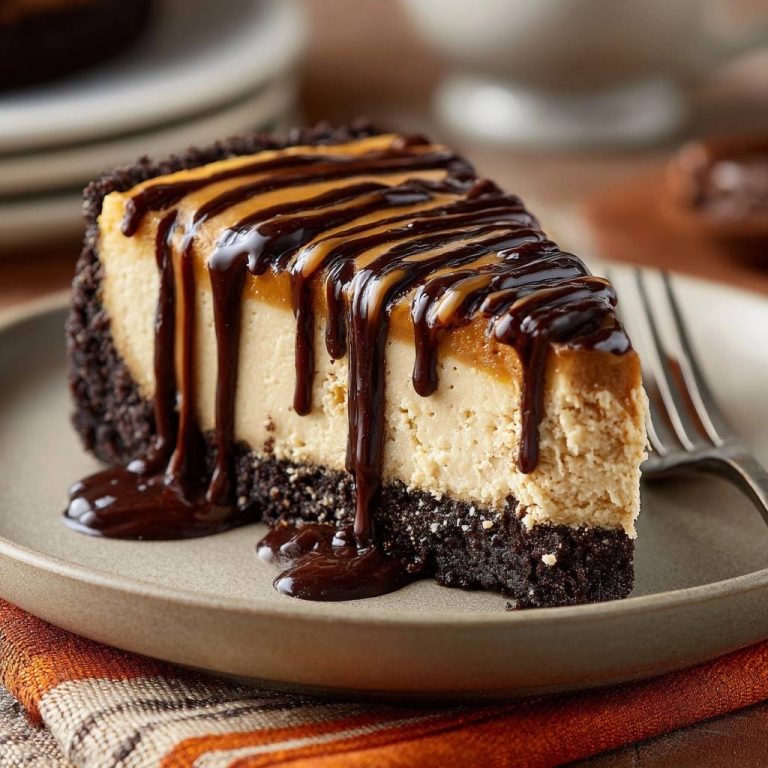 Peanut Butter Caramel Chocolate Cheesecake, a decadent slice artfully drizzled with chocolate ganache and caramel.