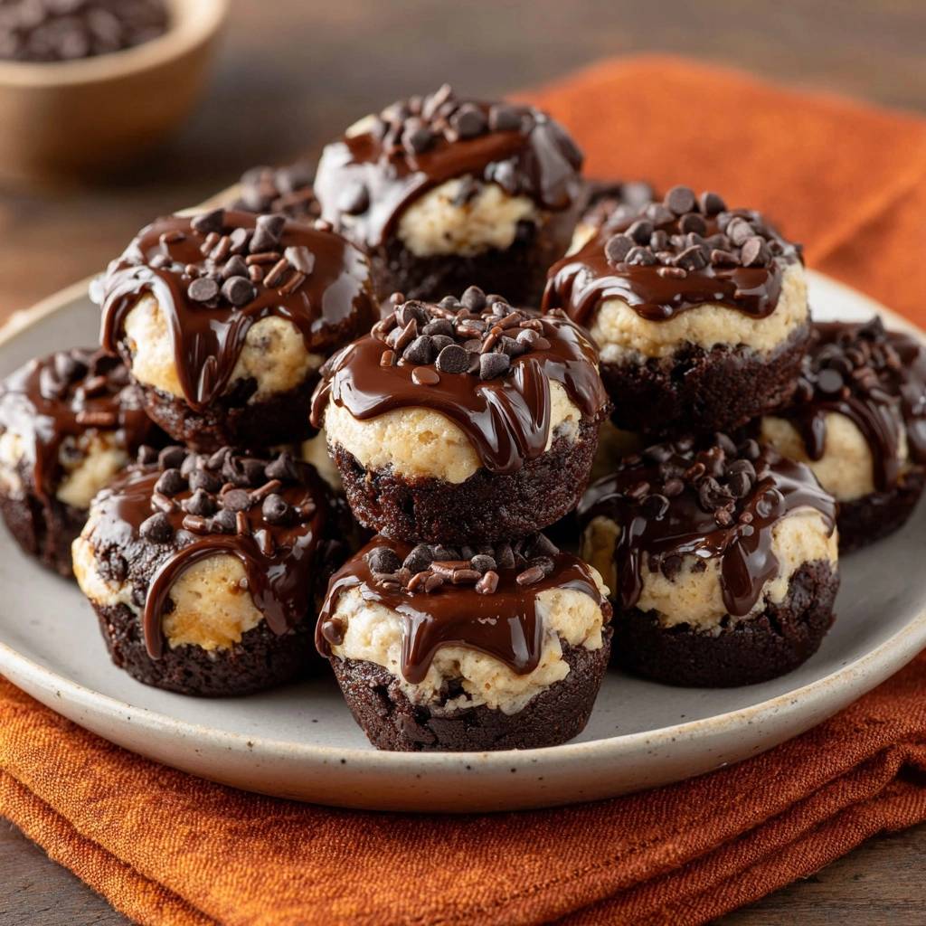 Peanut Butter Stuffed Fudgy Brownies are artfully stacked on a plate, showcasing their chocolate glaze and mini chocolate chips.
