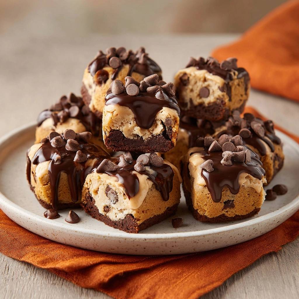 Peanut butter stuffed fudgy brownies stacked on a plate, drizzled with chocolate and topped with chocolate chips.