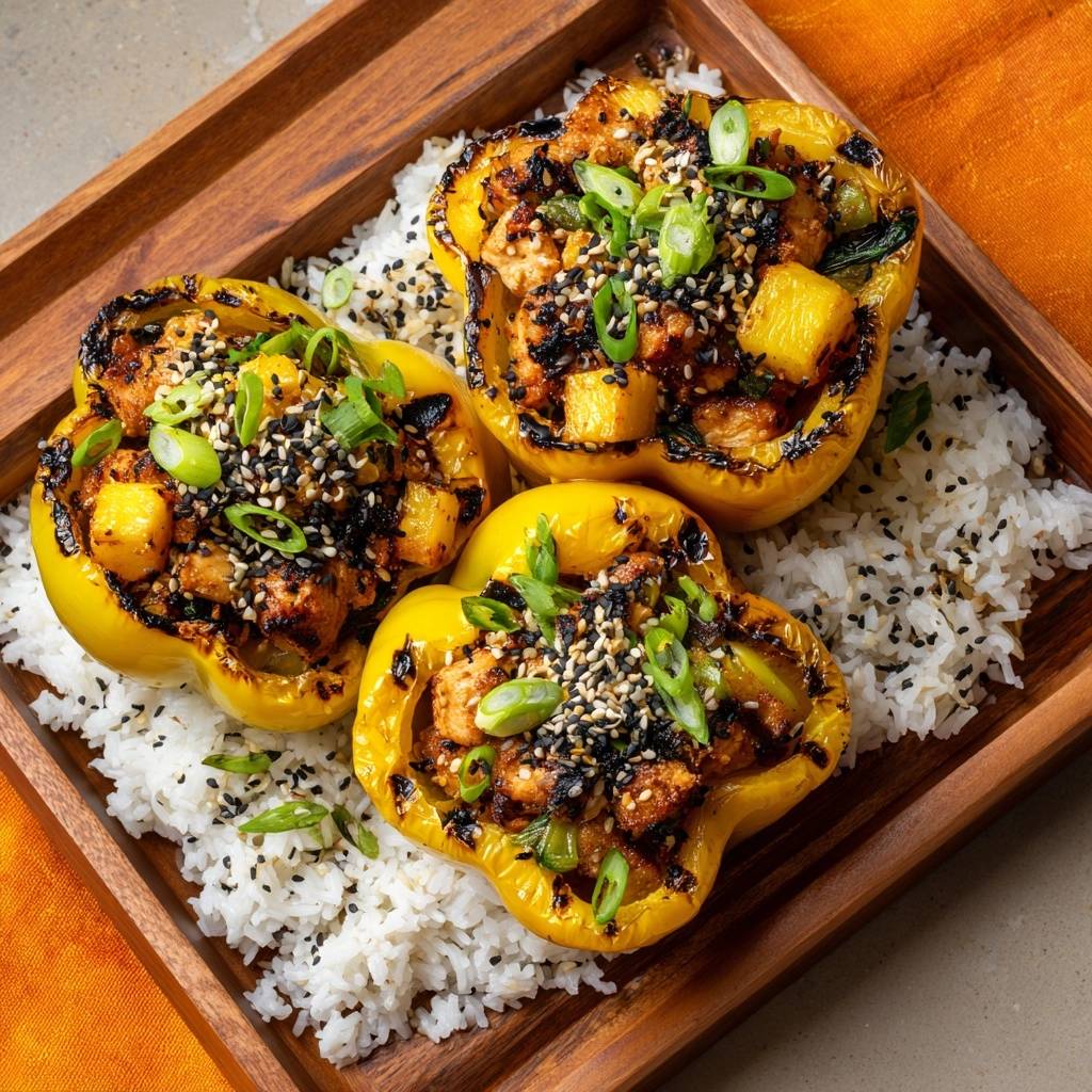 Pineapple chicken stuffed peppers are served in three yellow bell pepper halves atop a bed of white rice, garnished with sesame seeds and green onions.