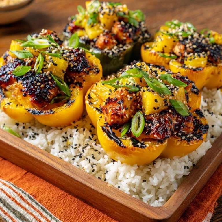Pineapple chicken stuffed peppers are served on a bed of white rice in a wooden tray, garnished with sesame seeds and green onions.
