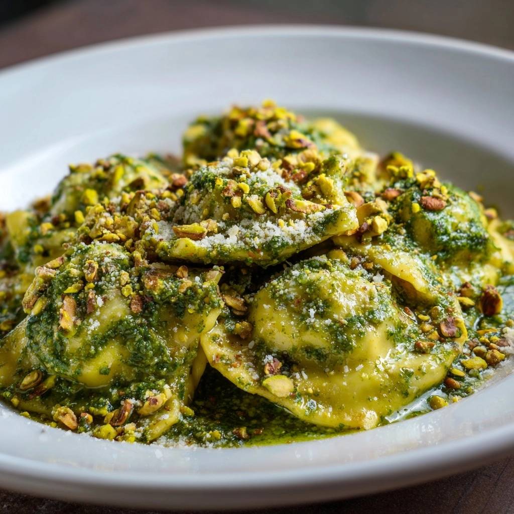 Pistachio herb ravioli topped with chopped pistachios and grated cheese, showcasing the vibrant green sauce.