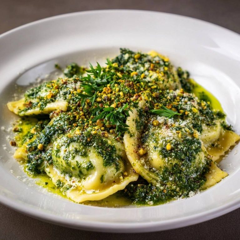Pistachio herb ravioli plated closely, showcasing the vibrant green sauce and chopped pistachios topping the tender pasta.