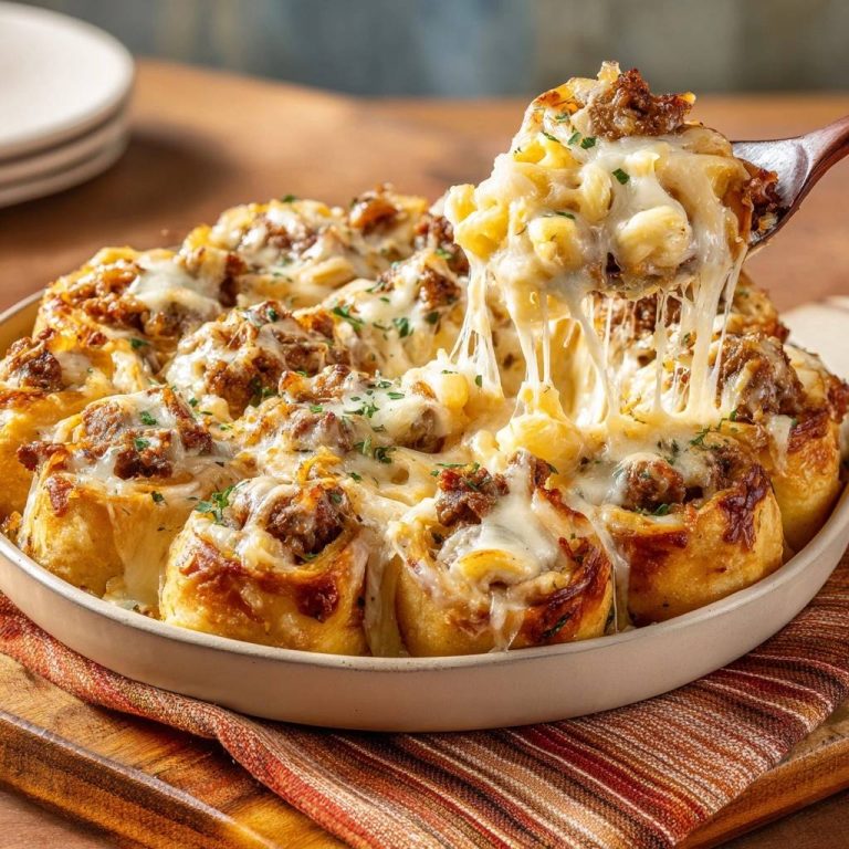 Pull-apart beef mac and cheese rolls with a spoonful lifting to show a gooey cheese pull.