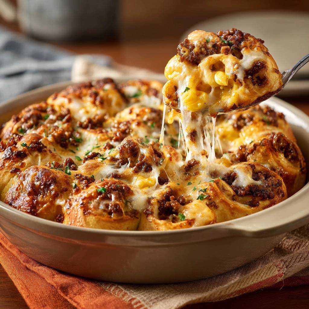 Pull-apart beef mac and cheese rolls with a fork lifting a cheesy, gooey portion, showcasing the melted cheese.