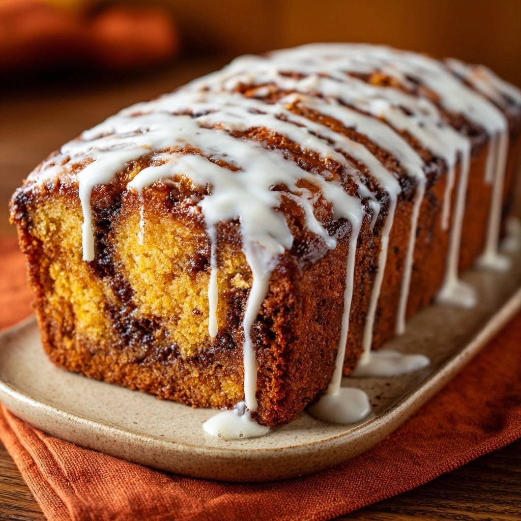Pumpkin cinnamon swirl bread with a generous drizzle of white glaze cascading down the sides.