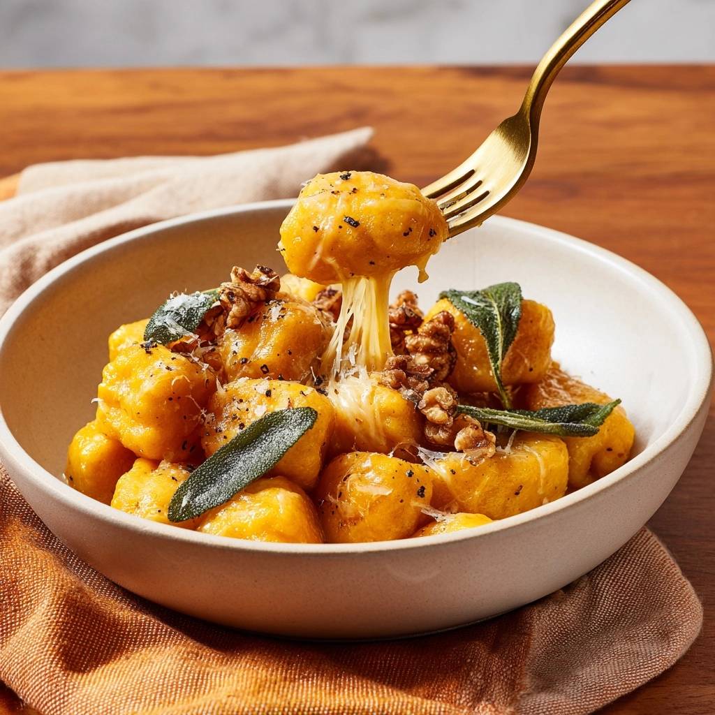 Crispy pumpkin gnocchi with sage butter, featuring a fork pulling a stringy cheese and gnocchi.