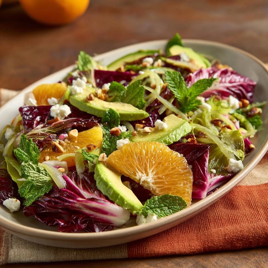 Radicchio orange avocado salad featuring a close-up view of sliced oranges, creamy avocado, and crumbled cheese.