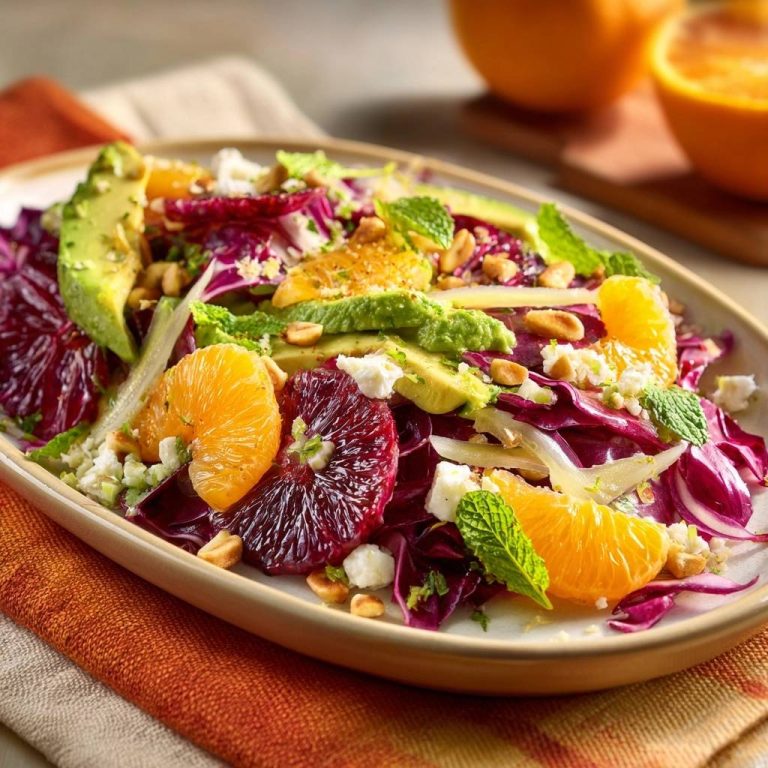 Radicchio orange avocado salad plated with a close-up view showing citrus slices, creamy avocado, and crumbled cheese.