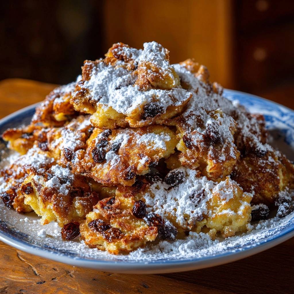 Raisin Kaiserschmarrn, a fluffy shredded pancake, generously dusted with powdered sugar, showcasing its sweet texture.