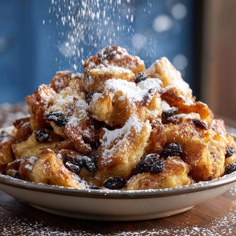 Raisin Kaiserschmarrn, a fluffy shredded pancake, being dusted with powdered sugar.