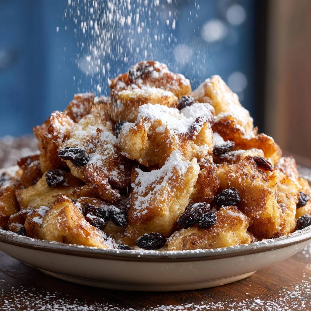 Raisin Kaiserschmarrn, a fluffy shredded pancake, being dusted with powdered sugar.