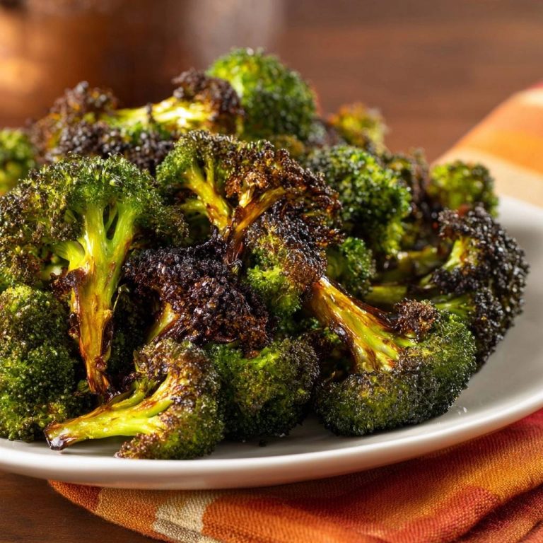 Perfectly roasted broccoli with deeply browned, tender-crisp florets served on a white plate.