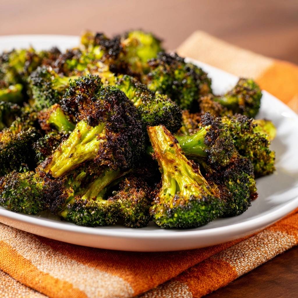 Perfectly roasted broccoli showcasing tender-crisp florets with charred edges, presented on a white plate.