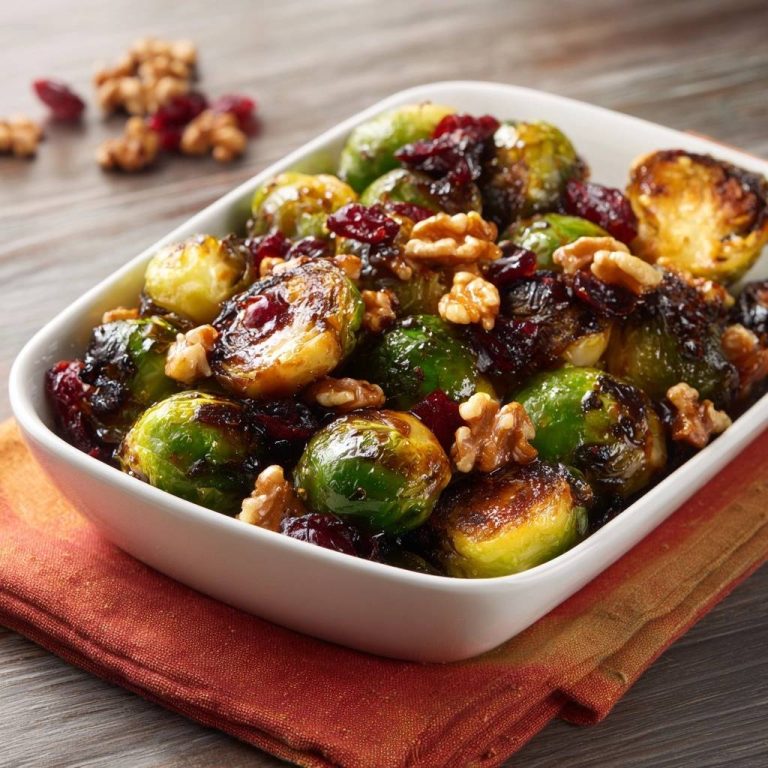 Roasted Brussels sprouts with cranberries and walnuts served in a white bowl, a close-up view.