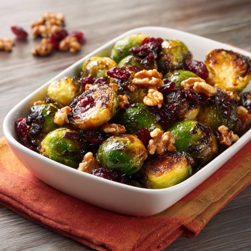 Roasted Brussels sprouts with cranberries and walnuts served in a white bowl, a close-up view.