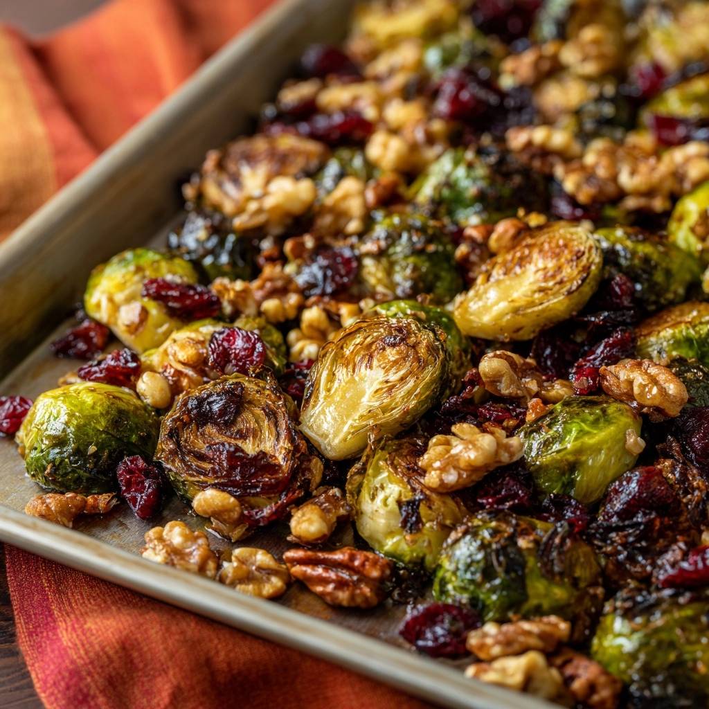 Roasted Brussels Sprouts with Cranberries and Walnuts shown in a close-up view on a baking tray.