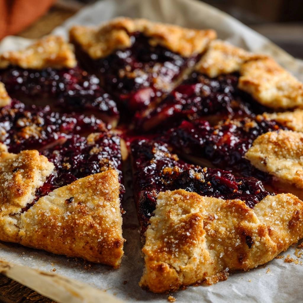 Rustic blueberry galette with a close-up view of a sliced piece showing the crisp crust and berry filling.