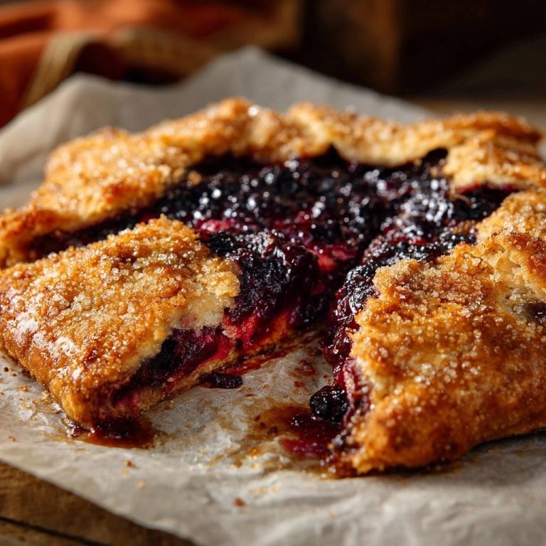 Rustic blueberry galette with crisp crust, shown in a close-up cross-section revealing the juicy berry filling inside.