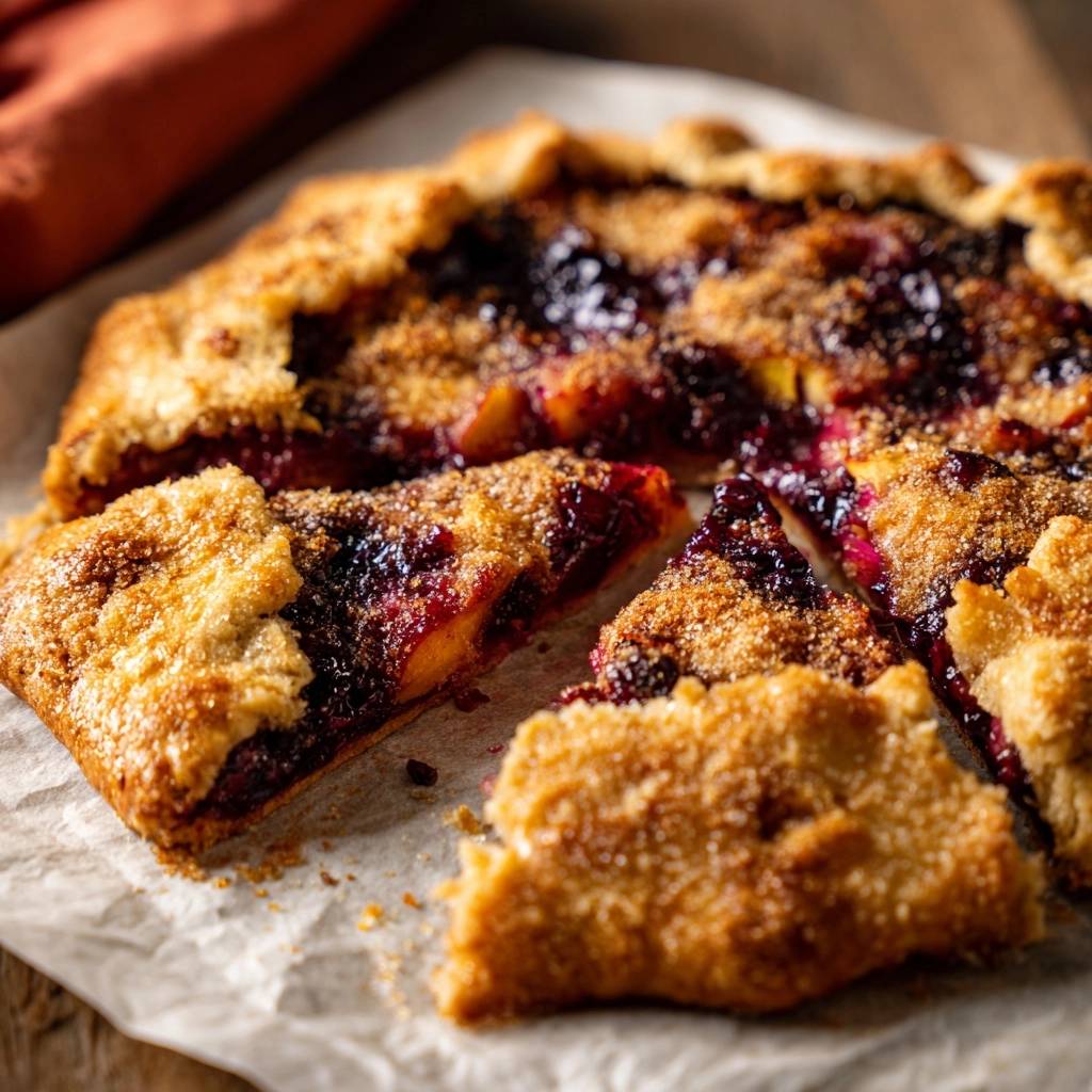 Rustic blueberry galette with crisp pastry shown in a detailed cross-section slice revealing the fruit filling.