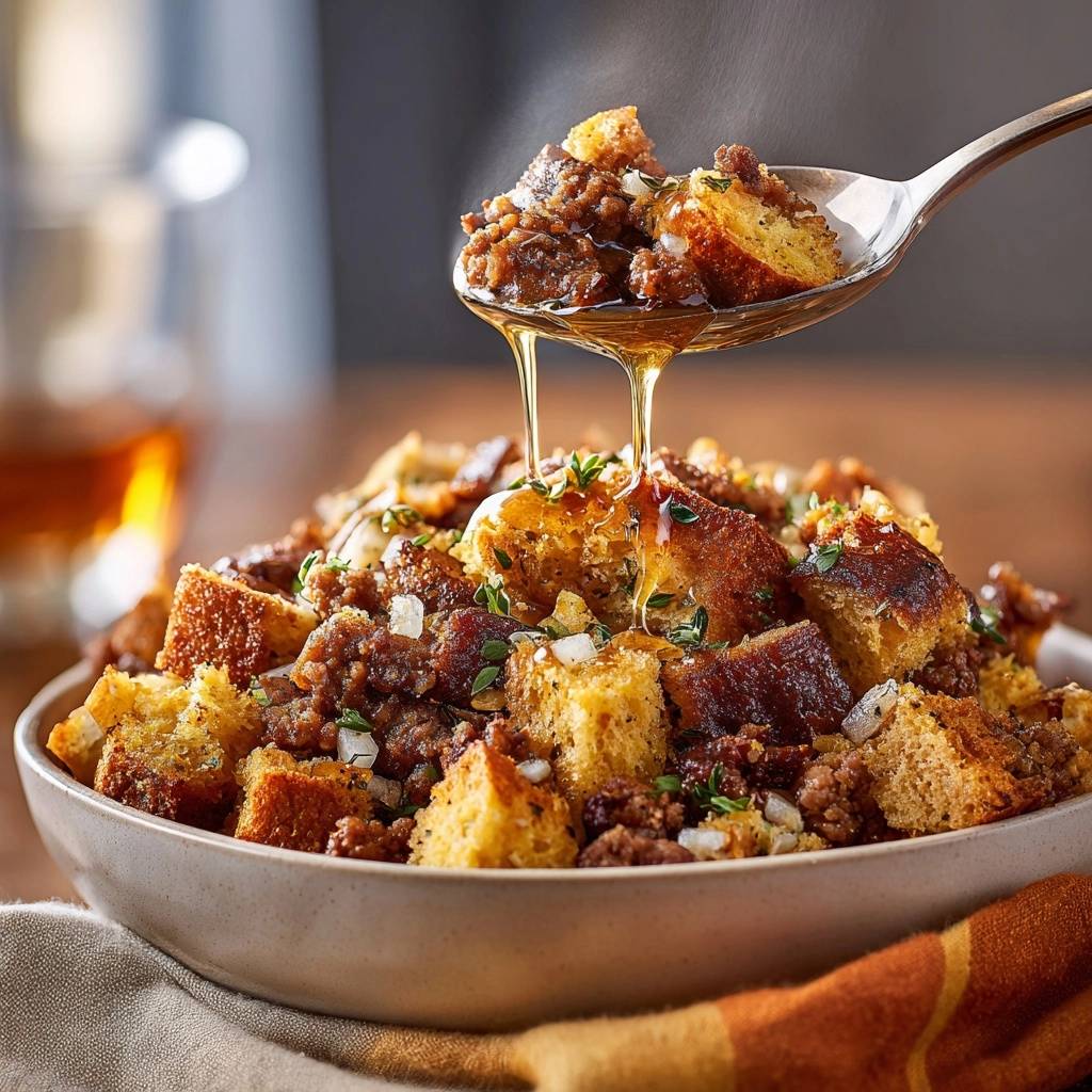 Sausage cornbread dressing with a glistening honey drizzle being poured from a spoon.