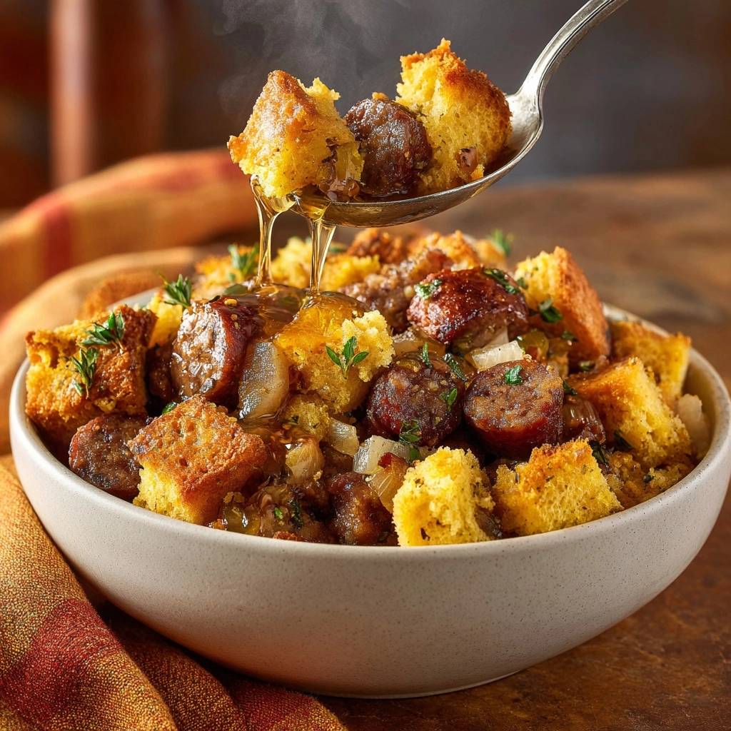 Sausage cornbread dressing with a spoonful of stuffing being drizzled with gravy.