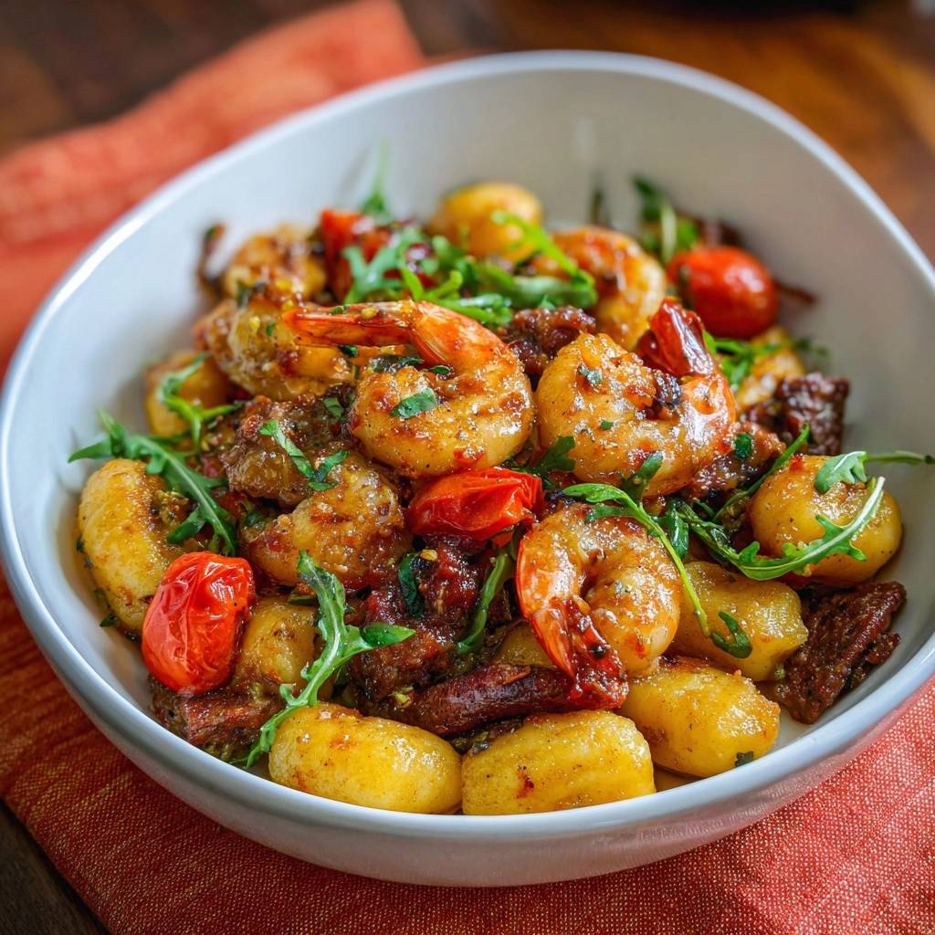 Seared gnocchi with juicy shrimp, spicy sausage, and blistered tomatoes in a close-up view.