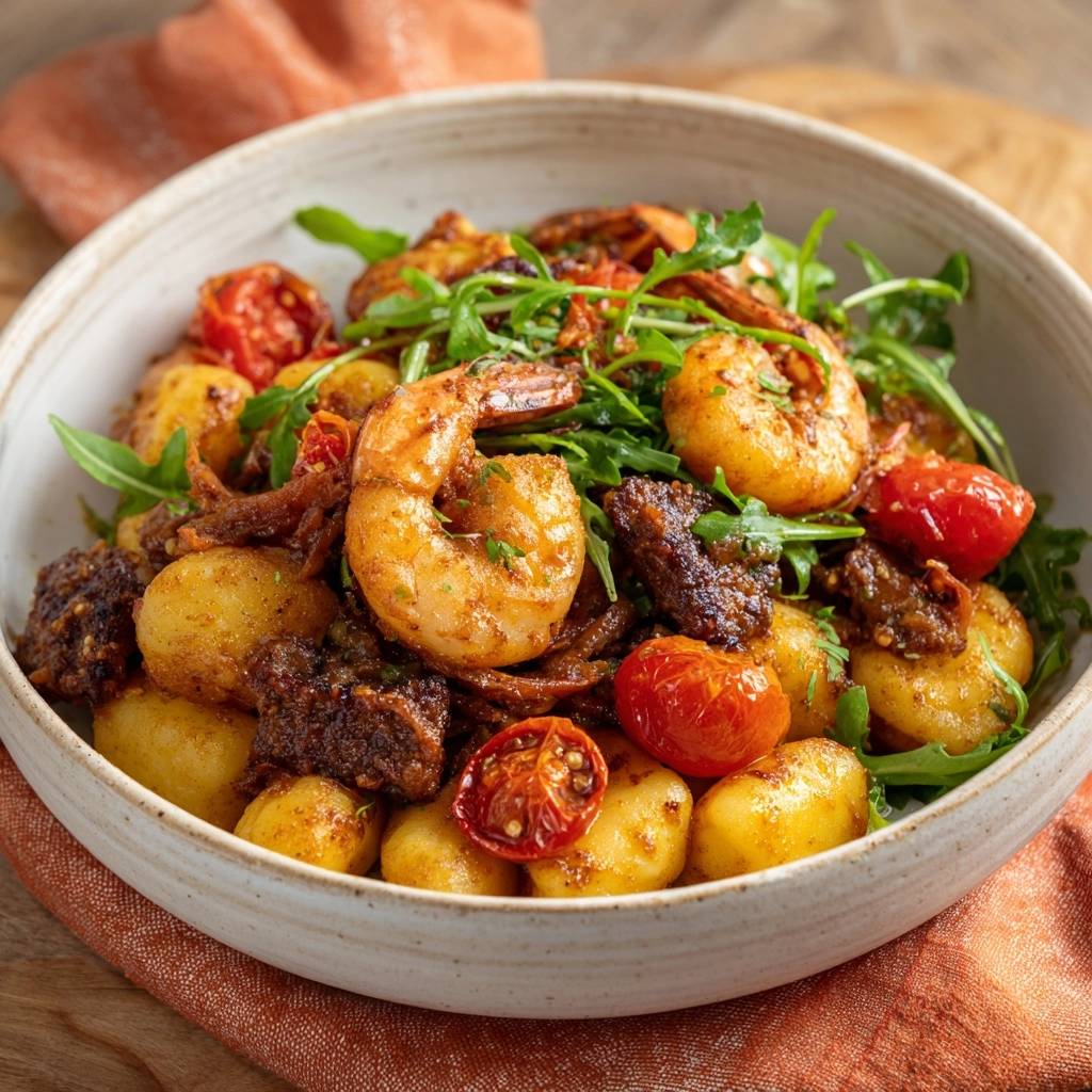 Seared gnocchi with juicy shrimp, spicy sausage, and blistered tomatoes in a bowl, a close-up detail shot.