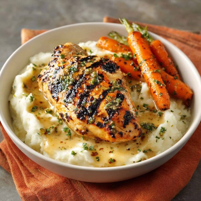 Seared herb chicken with creamy mash and glazed carrots served in a white bowl, presented from a slightly elevated side view.