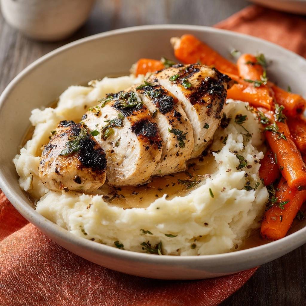 Seared herb chicken with creamy mash and glazed carrots, shown in a close-up view with sliced chicken breast.