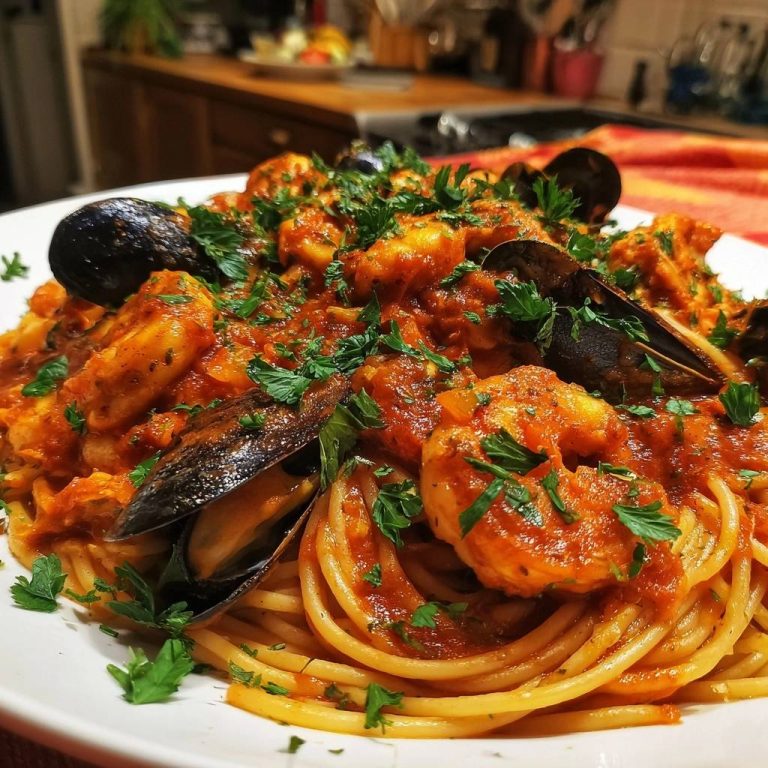 Shrimp and mussel spaghetti with a rich tomato sauce, garnished with fresh parsley, shown in a close-up view.