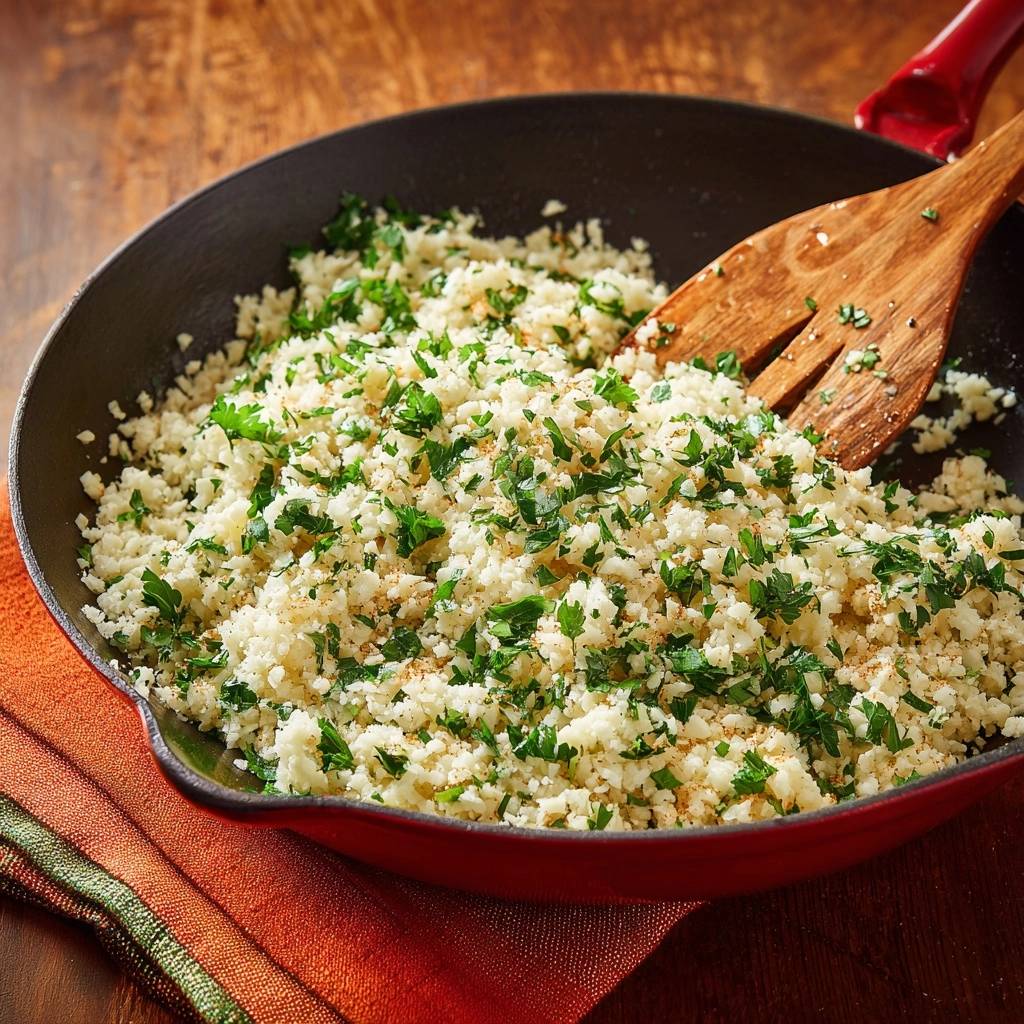 Easy skillet cauliflower rice with fresh parsley garnish in a cast iron pan.