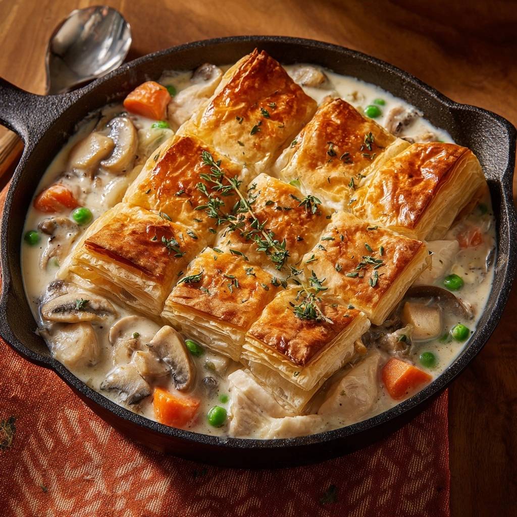 Skillet chicken pot pie with crispy puff pastry tops, showing a close-up detail of the flaky pastry and fresh thyme garnish.