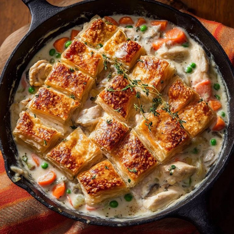 Skillet chicken pot pie with crispy puff pastry squares arranged in a diamond pattern and garnished with fresh thyme.