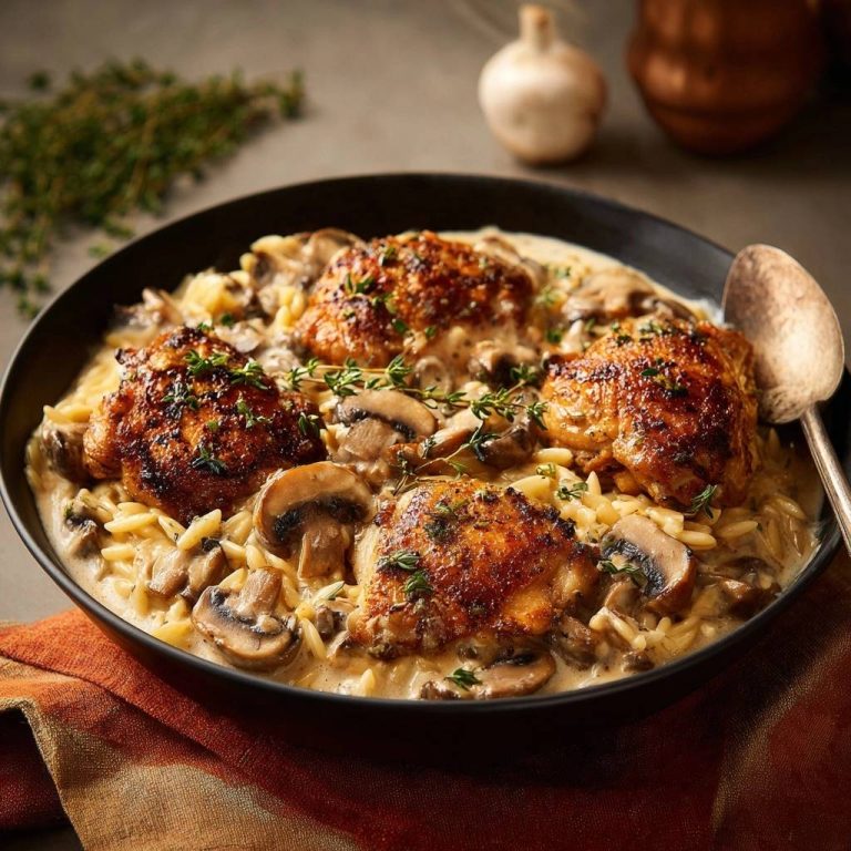 Skillet crispy chicken thighs with creamy mushroom orzo served in a black bowl with fresh thyme garnish.
