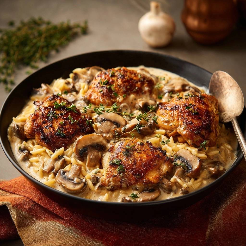 Skillet crispy chicken thighs with creamy mushroom orzo served in a black bowl with fresh thyme garnish.