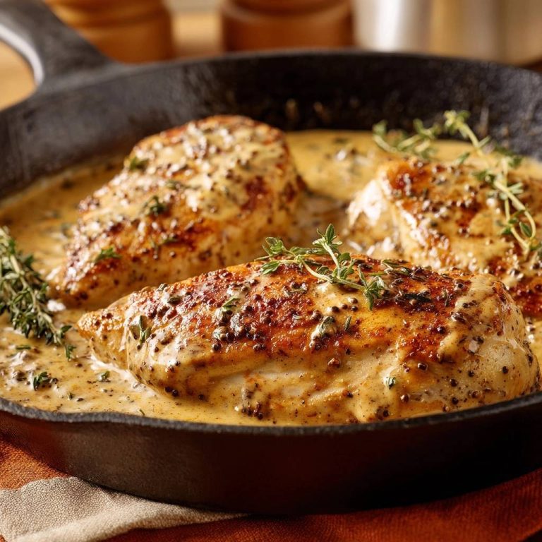 Skillet creamy mustard chicken juicy never dry served in a cast-iron pan with fresh thyme garnish.