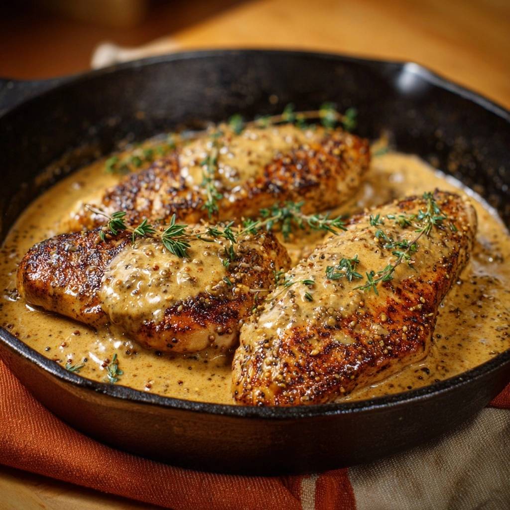 Skillet creamy mustard chicken in a cast iron pan with a close-up view of the rich, grainy mustard sauce and thyme garnish.