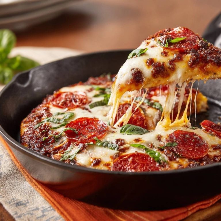Skillet pepperoni pizza with a slice being lifted, showing a generous cheese pull and fresh basil.